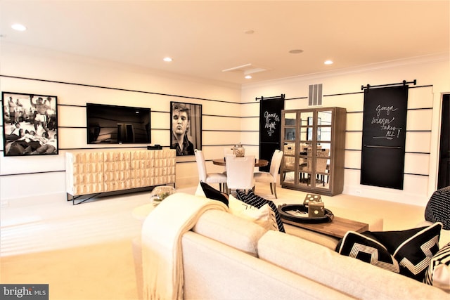 carpeted living room featuring ornamental molding