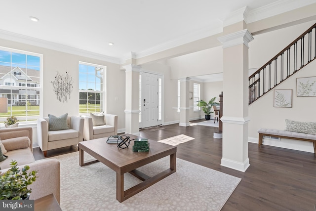 living room featuring crown molding, decorative columns, and dark hardwood / wood-style floors