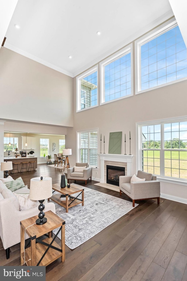 living room with ornamental molding, dark hardwood / wood-style floors, and plenty of natural light