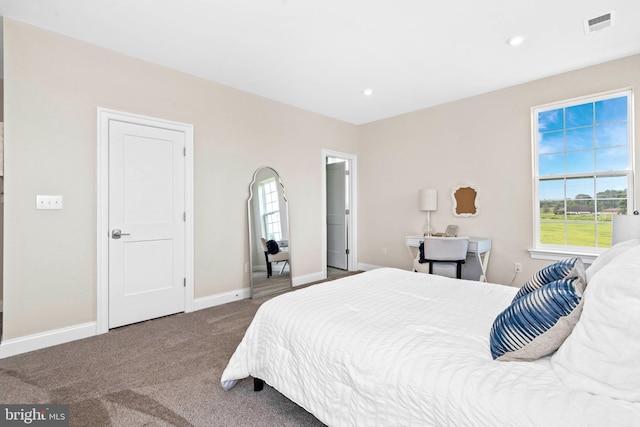 bedroom featuring dark carpet