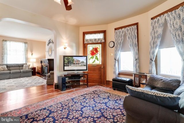 living room featuring ceiling fan, plenty of natural light, and hardwood / wood-style flooring