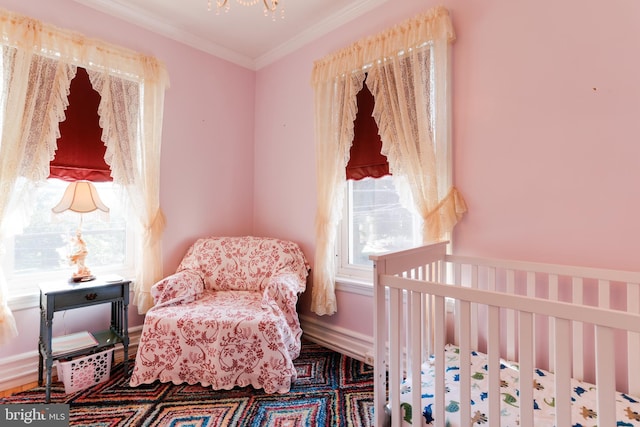 bedroom with ornamental molding