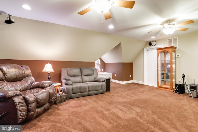 living room with light carpet, vaulted ceiling, and ceiling fan