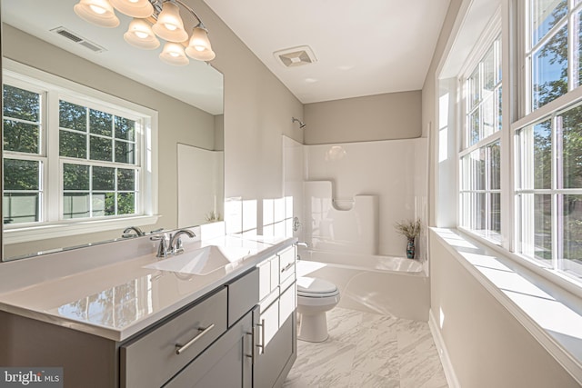 full bathroom featuring vanity, a notable chandelier, tile floors, toilet, and shower / bath combination