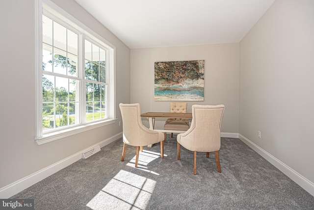 dining area featuring dark colored carpet