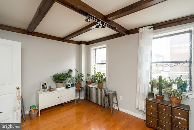 interior space with light hardwood / wood-style floors, radiator heating unit, and beamed ceiling