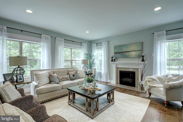 living room featuring light wood-type flooring and a fireplace