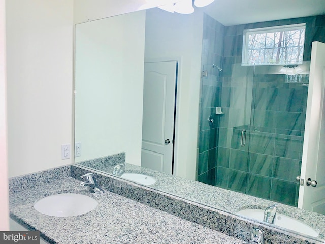 bathroom featuring walk in shower and dual vanity