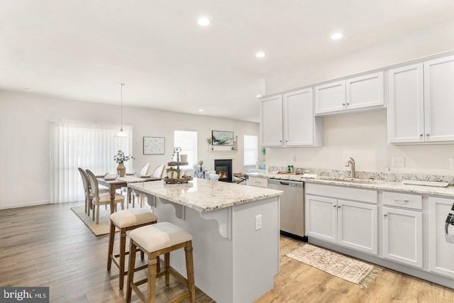 kitchen featuring stainless steel dishwasher, sink, light hardwood / wood-style floors, and pendant lighting