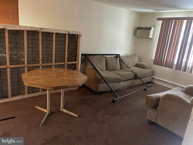 carpeted living room featuring baseboard heating and a wall unit AC