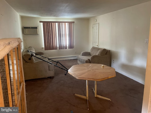 living room featuring a wall mounted AC, a baseboard heating unit, and dark colored carpet