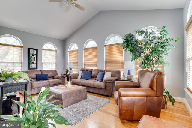 living room with a healthy amount of sunlight, high vaulted ceiling, ceiling fan, and light wood-type flooring