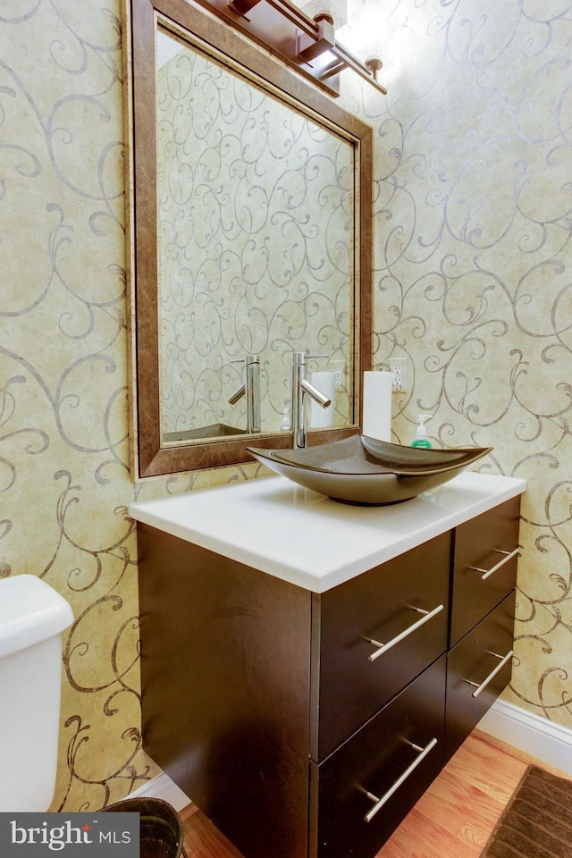 bathroom with toilet, vanity, and wood-type flooring