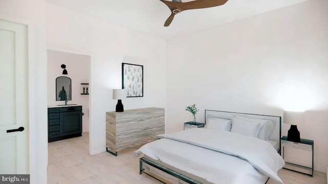 bedroom featuring ceiling fan and light wood-type flooring