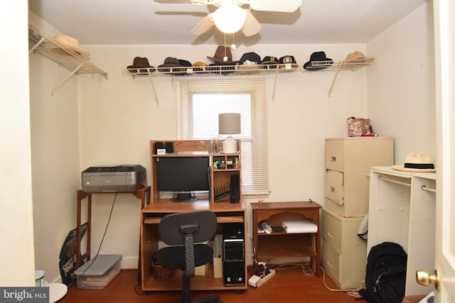 home office featuring ceiling fan and dark hardwood / wood-style flooring