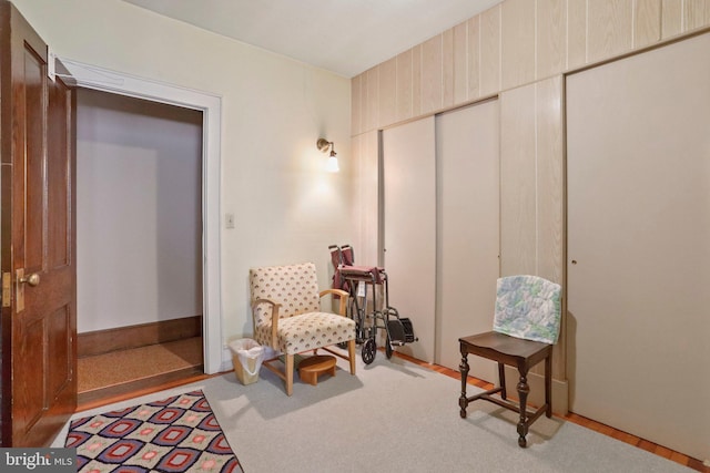 living area featuring light colored carpet