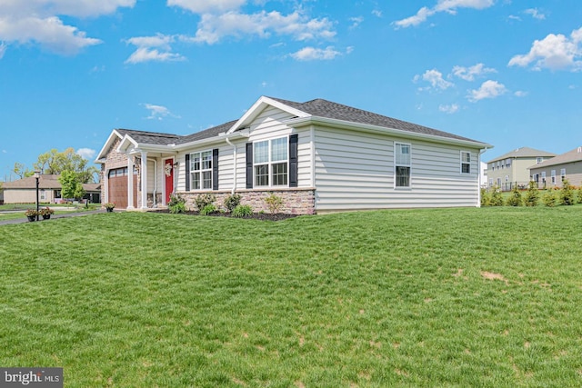 view of home's exterior featuring a garage and a lawn