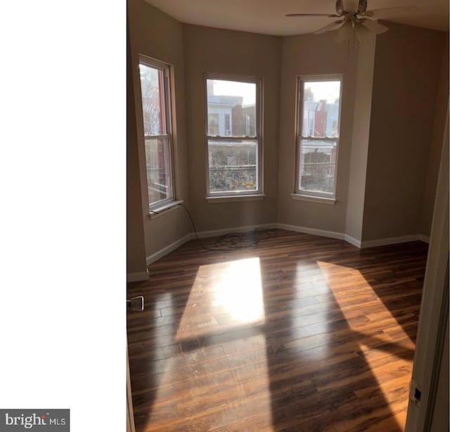 spare room with ceiling fan and dark wood-type flooring