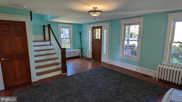 foyer with dark hardwood / wood-style flooring, radiator, and a wealth of natural light