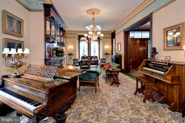 miscellaneous room with light carpet, ornamental molding, and a notable chandelier