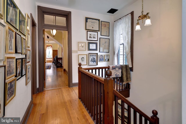 hall featuring a chandelier and light hardwood / wood-style flooring