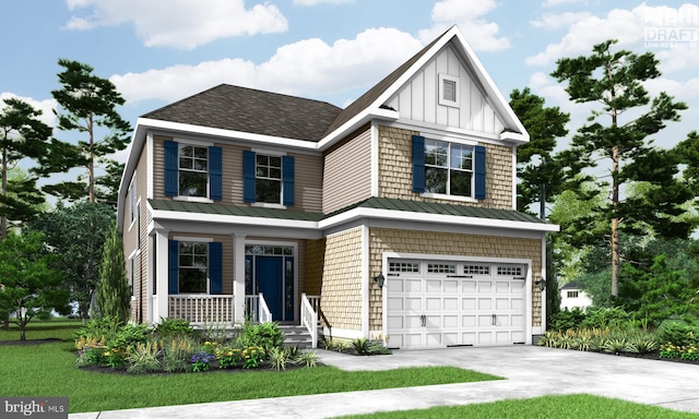 view of front of property with a porch, a front yard, and a garage