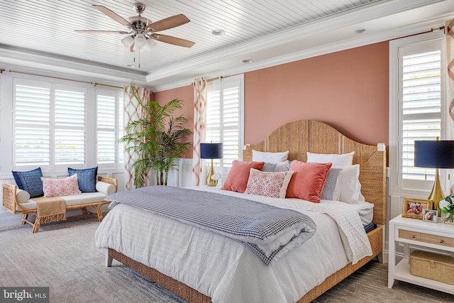 bedroom with a raised ceiling, multiple windows, crown molding, and ceiling fan