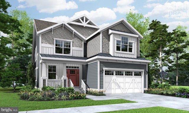 craftsman inspired home with a front lawn and a garage