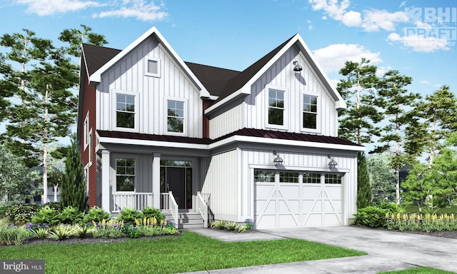 modern farmhouse with a front lawn, a porch, and a garage