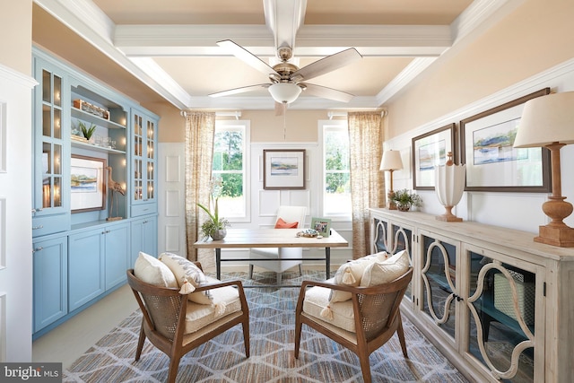 sitting room featuring coffered ceiling, beam ceiling, ceiling fan, and crown molding