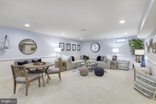 living room with light colored carpet