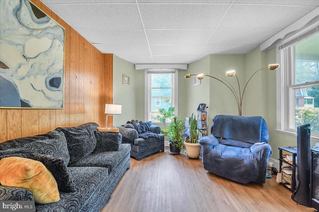 living room with wooden walls, a paneled ceiling, and light hardwood / wood-style floors