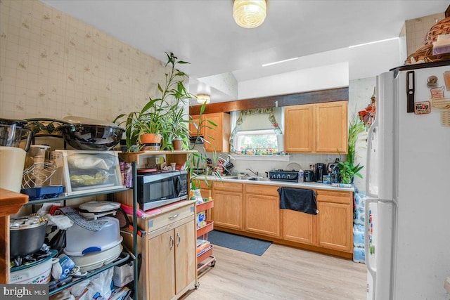 kitchen with light wood-type flooring, backsplash, and white refrigerator