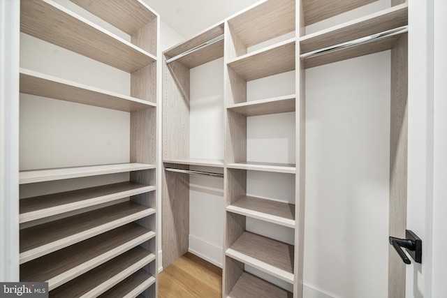 walk in closet with light hardwood / wood-style floors