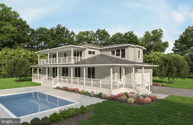 back of property with a balcony, covered porch, and a yard