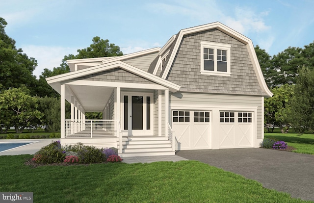 view of front facade with covered porch, a front lawn, and a garage