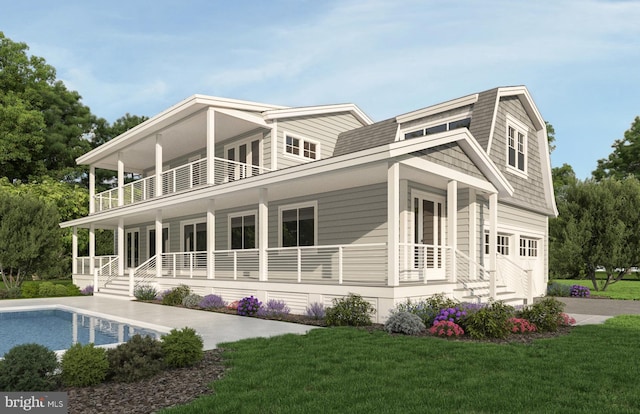 back of house featuring a balcony, a lawn, and covered porch