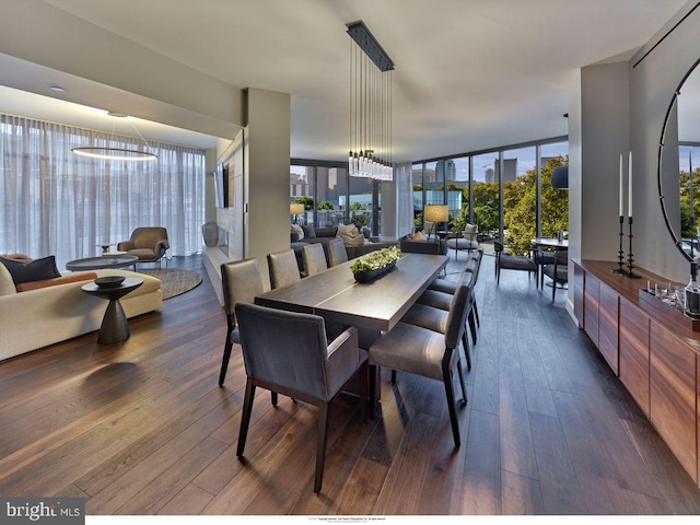 dining room featuring a chandelier, dark hardwood / wood-style floors, and a wall of windows