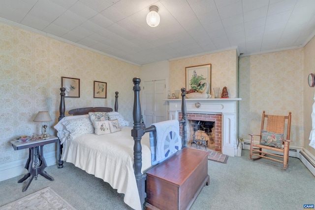 bedroom featuring light carpet, crown molding, and a brick fireplace