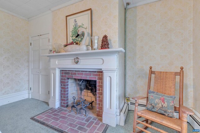 room details with ornamental molding, a fireplace, and light colored carpet