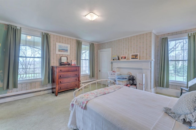 carpeted bedroom with a baseboard radiator, ornamental molding, and multiple windows