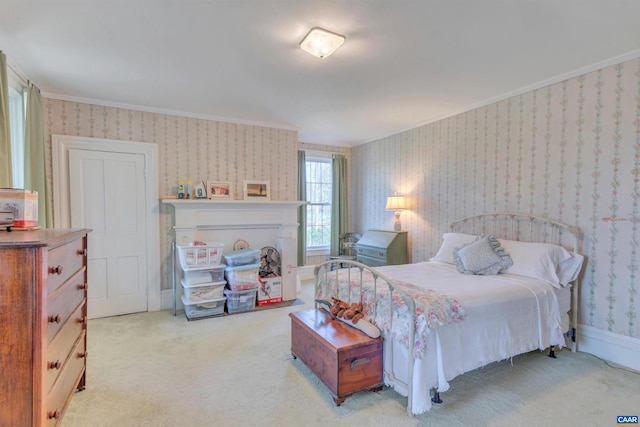 carpeted bedroom with ornamental molding