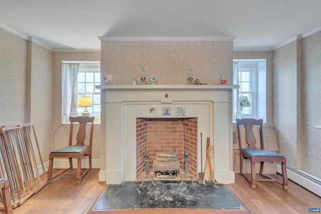 living room with light wood-type flooring, ornamental molding, and a baseboard heating unit