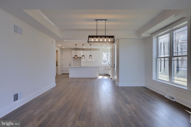 unfurnished living room featuring dark wood-type flooring and a tray ceiling