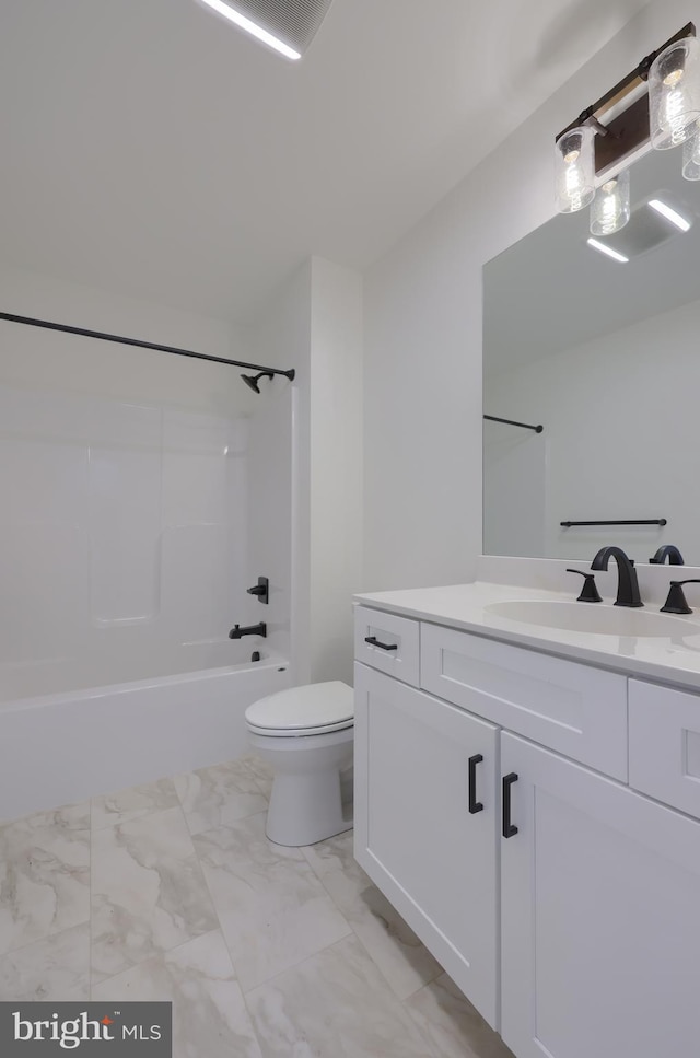 full bathroom with shower / bathtub combination, toilet, and vanity