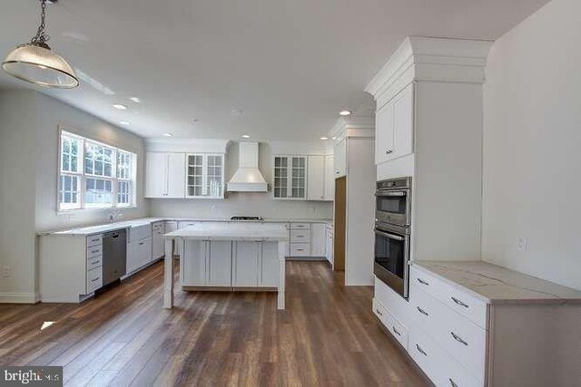 kitchen with glass insert cabinets, premium range hood, stainless steel appliances, white cabinetry, and dark wood-style flooring