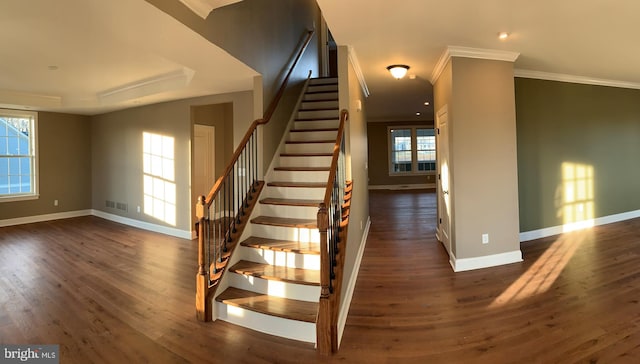 stairway with a raised ceiling, dark hardwood / wood-style flooring, ornamental molding, and a wealth of natural light