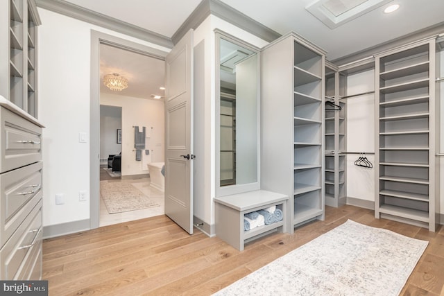 spacious closet featuring a notable chandelier and light wood-type flooring