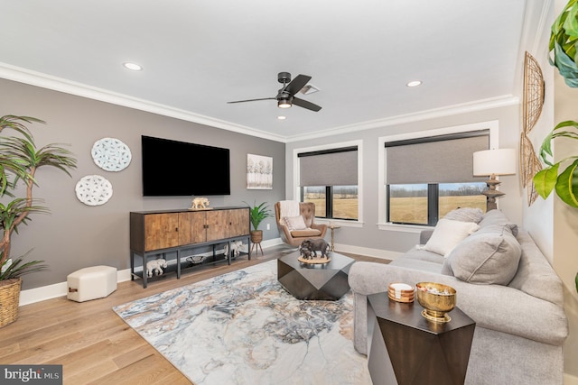 living room featuring ceiling fan, ornamental molding, and light hardwood / wood-style flooring