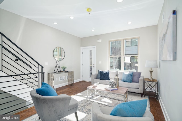 living room with dark wood-type flooring